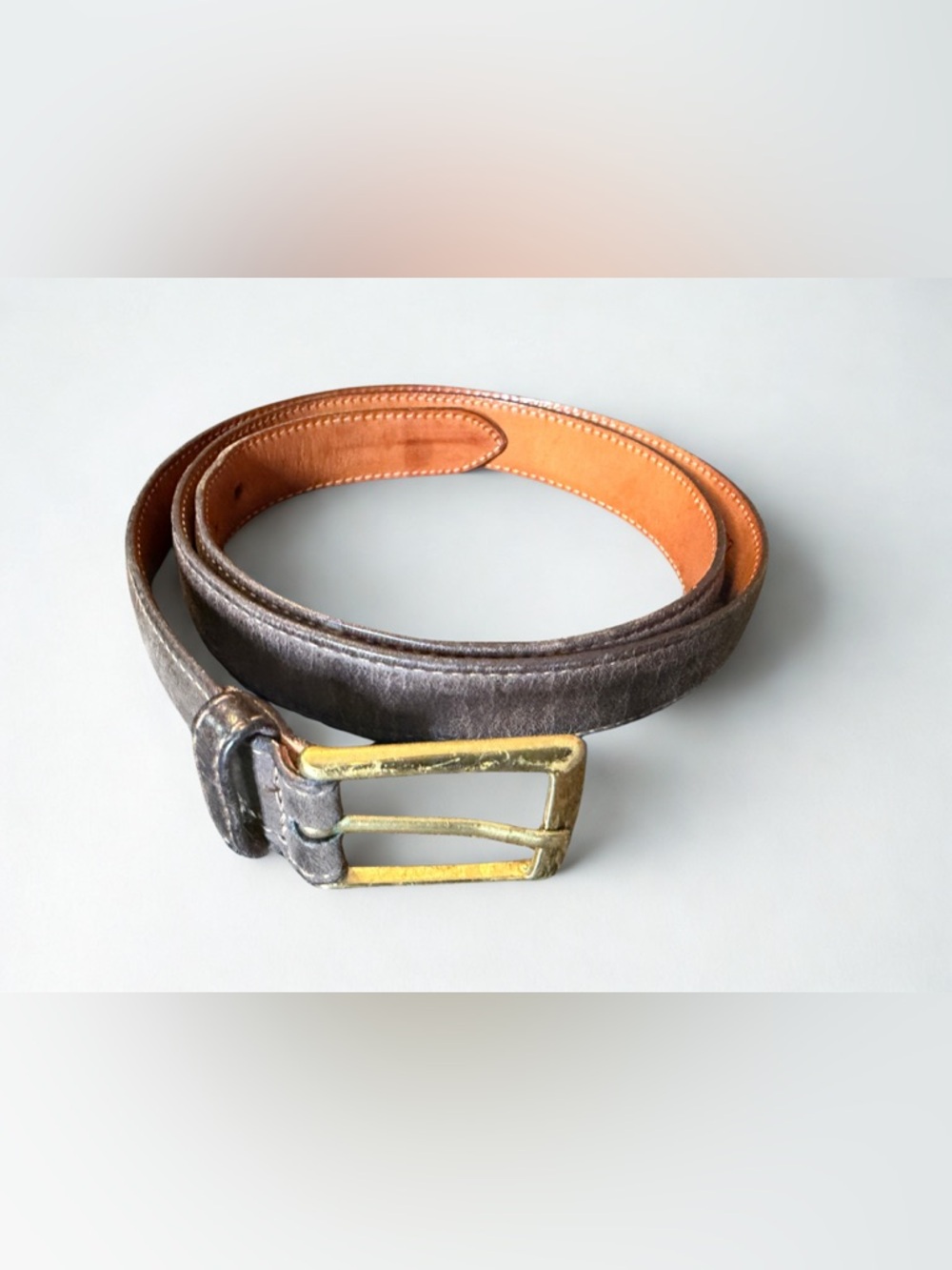 Martin Dingman Gray-Brown Leather Belt with Gold Buckle 38